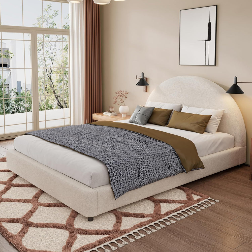 Queen Bed Frame, White Boucle Upholstered Curved Arch Headboard
