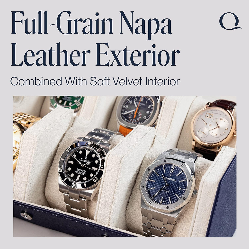 QWATCHBANDS Napa Leather Watch Case for Men - Watch Roll Storage Organizer & Watch Display - Six Slot Luxury Watch Box for Home or Travel - Mens 6 Watch Holder Case (Blue Cream)