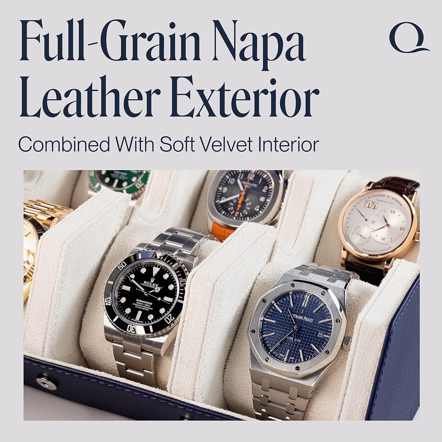 QWATCHBANDS Napa Leather Watch Case for Men - Watch Roll Storage Organizer & Watch Display - Six Slot Luxury Watch Box for Home or Travel - Mens 6 Watch Holder Case (Blue Cream)
