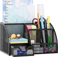 EasyPAG Mesh Desk Organizer with Drawer Multi-functional Pen Holder Stationery Organizer for Office School Supplies 6 Compartments Dorm Organizers and Storage for Desk, Black