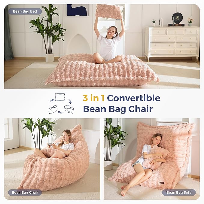 MAXYOYO Giant Bean Bag Chair with Pillow, 3 in 1 Convertible Bean Bag Chair for Adults with Removable Cover, Floor Cushion Stuffed Floor Lounger for Living Room Bedroom, Bubble Pink