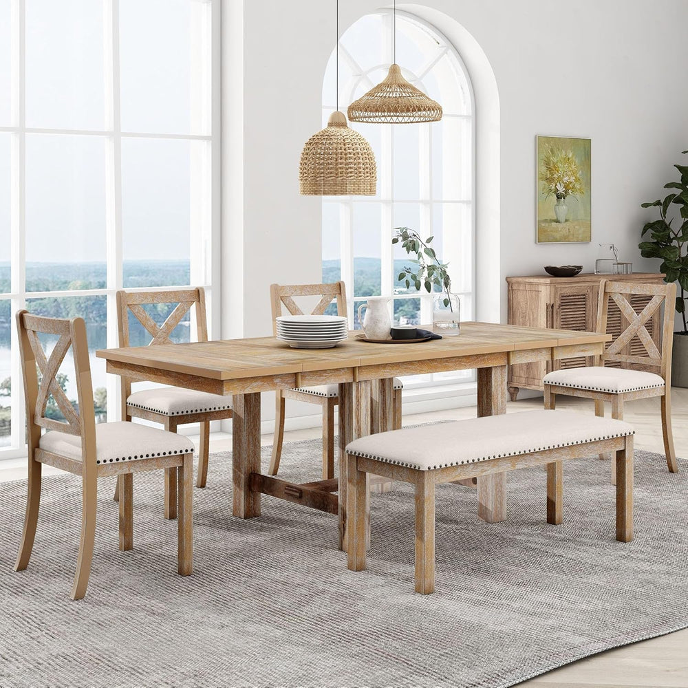 RuiSiSi 6 Piece Solid Wood Dining Table Set, Farmhouse Extendable Kitchen Tab...
