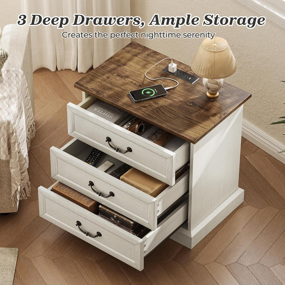 Huuger Nightstand with Charging Station, 3 Drawer Night Stand Set of 2, 22 In...
