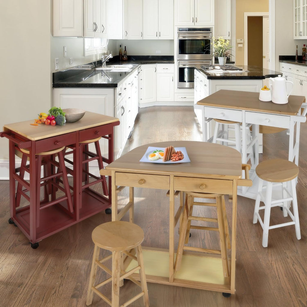 Casual Home Drop Leaf Breakfast Cart with 2 Stools-Red