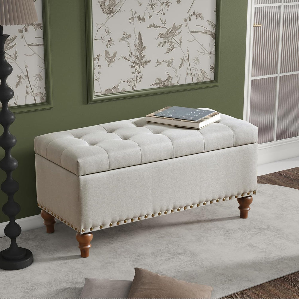 Ottoman Storage Bench, recessed Support Hinge top Easy to Open, Rivet Trim Ar...
