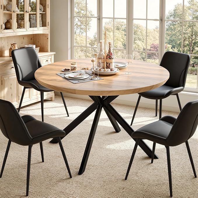 47.2" 5-Piece Round Dining Table Set for 4, Modern Wood Dining Table with 4 Upholstered Chairs, Kitchen & Dining Room Table Set with Metal Base for Apartment, Small Space, Natural Table+4 Balck Chairs