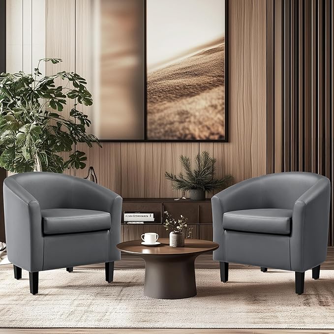 Yaheetech Barrel Chairs, Faux Leather Chairs, Modern Leather Club Chairs Comfy Gray Accent Chairs with Sturdy Wood Legs for Living Room/Bedroom/Reading Room/Waiting Room, Gray, Set of 2