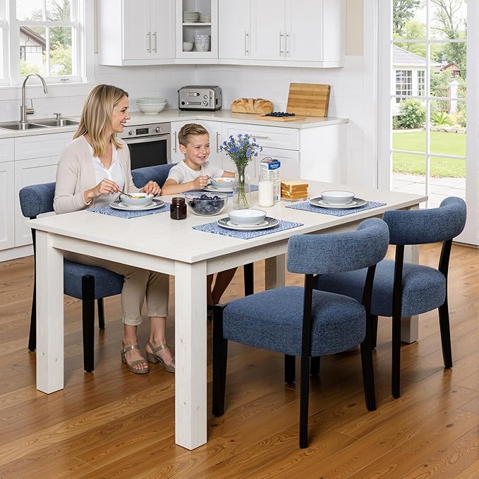 Modern Dining Chairs Set of 4, Upholstered Kitchen & Dining Room Chairs, Mid Century Modern Wooden Dining Chairs Oversized Sturdy Fabric Rounded Chairs Curved Back, Blue