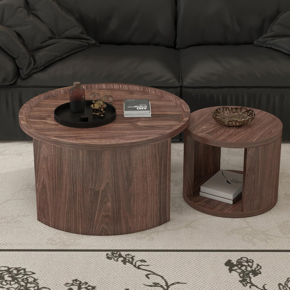 Round Nesting Coffee Table Set 2 with Storage for Small Space, Walnut | Wood ...