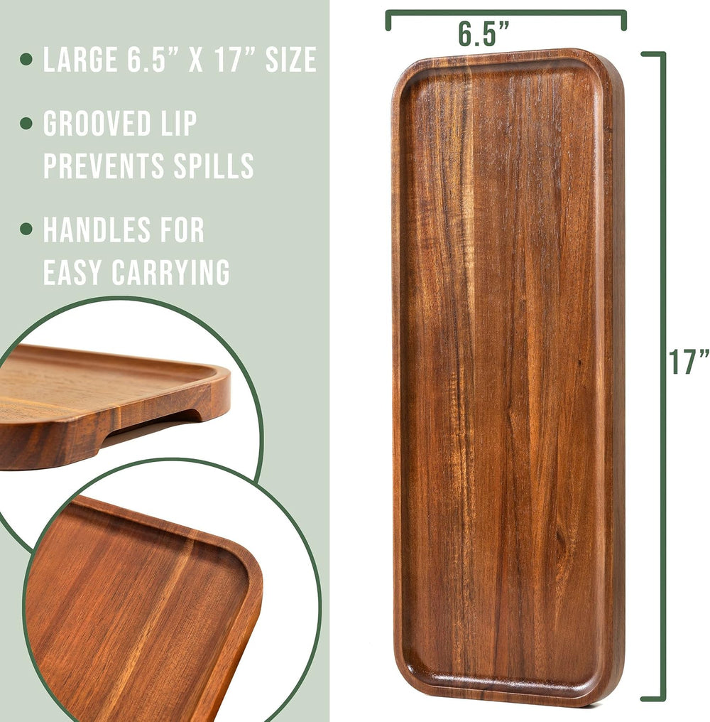 Large Solid Acacia Wood Serving Trays (17 x 6.5 inches) Rectangular Wooden Se...