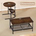 GOFLAME Nesting Coffee Table Set of 2, 2 PCS Nesting Tables with Wood Top and Extra Storage Shelf, Modern Round End Table & Rectangular Coffee Tables for Living Room, Bedroom, Rustic Brown+Black