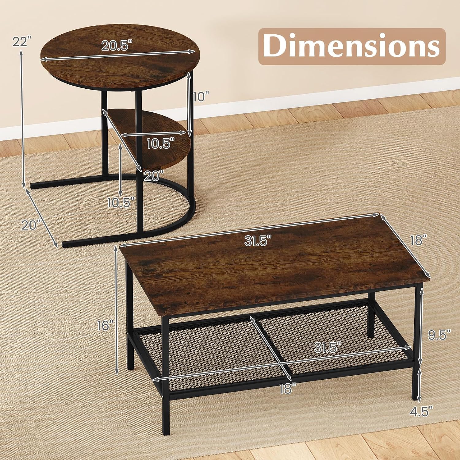 GOFLAME Nesting Coffee Table Set of 2, 2 PCS Nesting Tables with Wood Top and Extra Storage Shelf, Modern Round End Table & Rectangular Coffee Tables for Living Room, Bedroom, Rustic Brown+Black