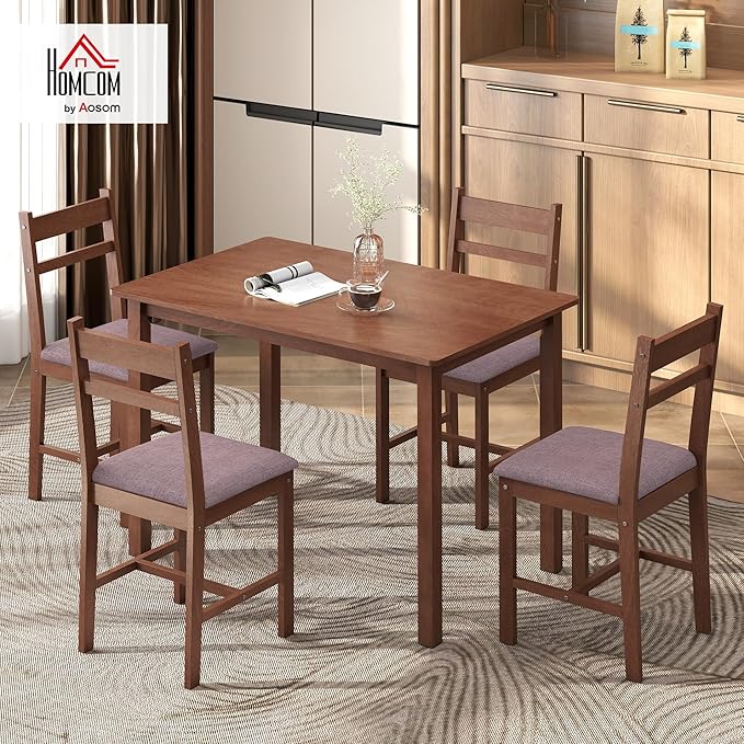 HOMCOM 5-Piece Solid Wood Dining Table Set for 4, Farmhouse Kitchen Table with Upholstered Chairs for Small Space, Dining Room, Breakfast Nook, Light Brown and Brown