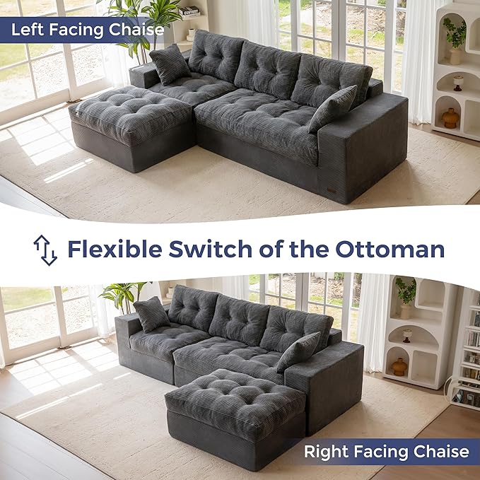 MAXYOYO 104" L Shaped Modular Sectional Sofa with Ottoman, Cloud Boneless Couch with Layered Cushion, Upholstered Sofa in a Box, Flexible Module Combination for Living Room, No Assembly, Dark Grey