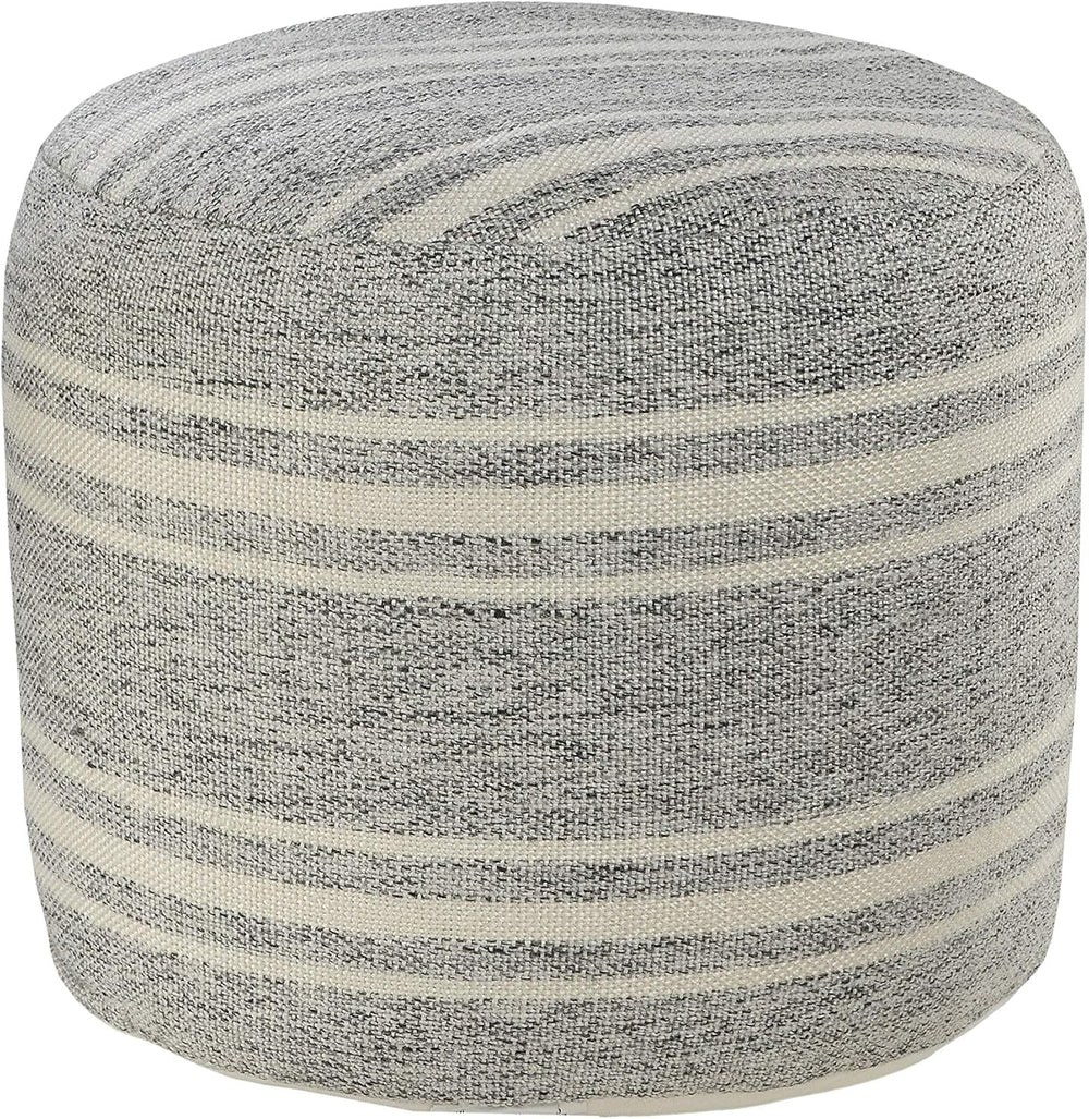 LR Home Ox Bay Farmhouse Triple Stripe Indoor Outdoor Pouf, Gray/White, 18&qu...