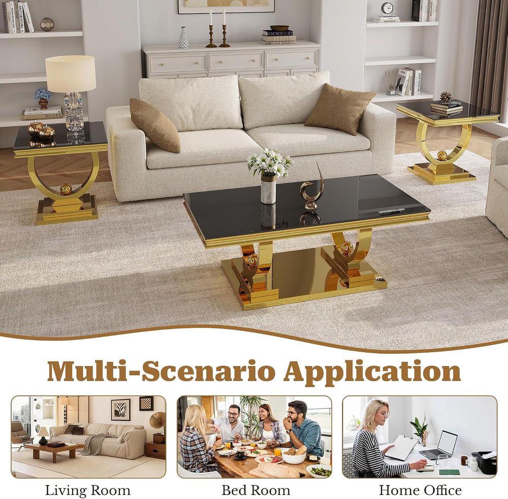 Coffee Table Set of 3, Coffee Table and 2 End Table, Gold/Black | Modern Livi...