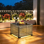 ovios Outdoor Side Table with Tempered Glass Top, Patio Wicker Solar Table, Rattan Bistro End Table for Porch Deck Balcony Garden Poolside, Mixed Brown