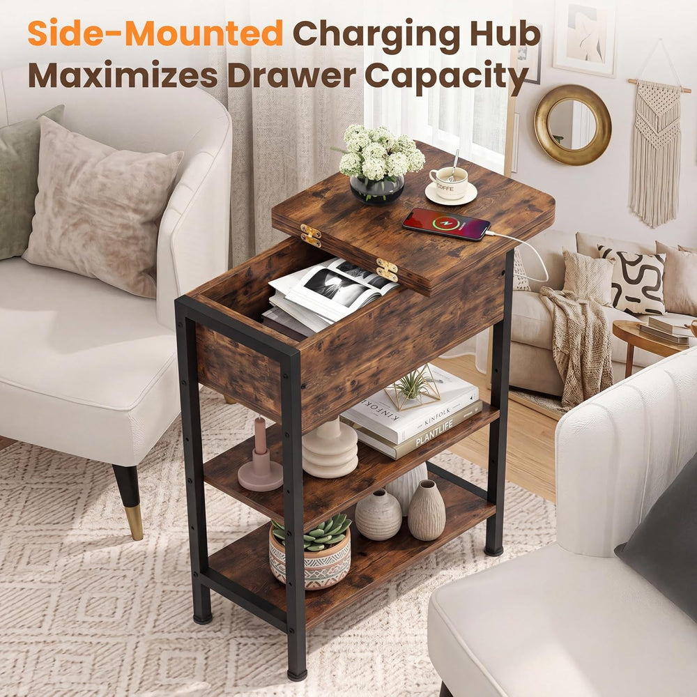 GRUSIGN End Table with Charging Station, Flip Top Side Table with USB Ports a...