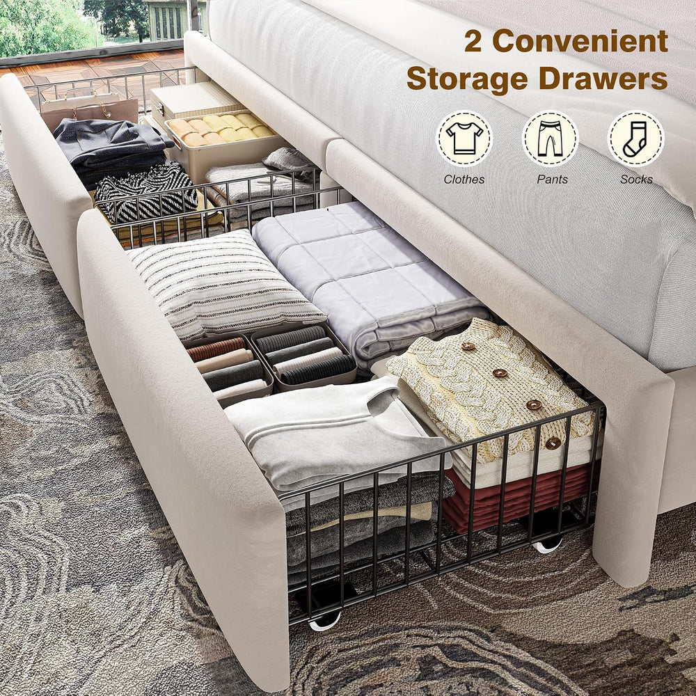 Homkdom King Bed Frame,51.3" Tall Velvet Storage Headboard,2 Drawers,Beige