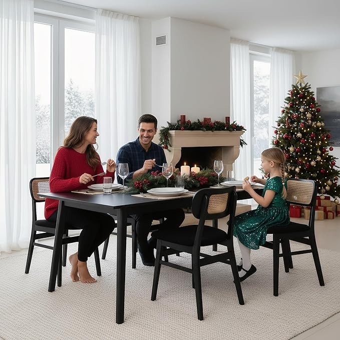 Black Rattan Dining Chairs Set of 6 Lambswool Dining Room Chairs Natural Wooden Kitchen Chairs Farmhouse Boho Side Chairs