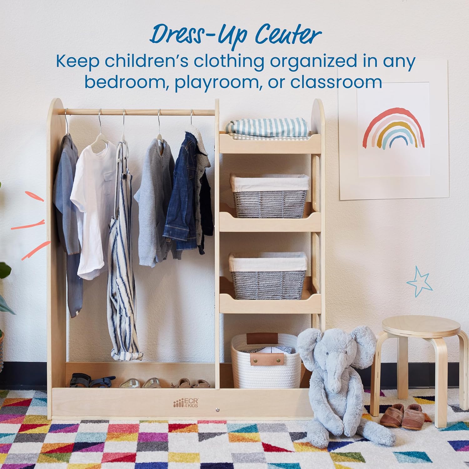 ECR4Kids Dress-Up Center with Mirror, Costume Organizer, Montessori Furniture, Natural