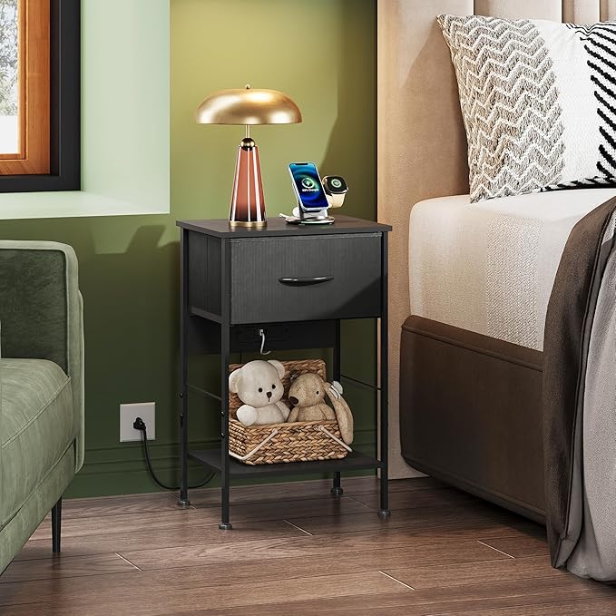 WLIVE Night Stand with Charger Station, Small Nightstand with 1 Fabric Drawer...