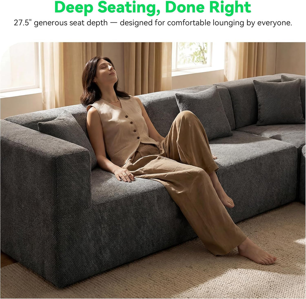 MONVANE U Shaped Boneless Sectional Couch Oversized, Chenille, Black | 6-Seat Sectional Couch for Living Room, Modular Cloud Sofa with Ottoman & 6 Throw Pillows, No Assembly Required