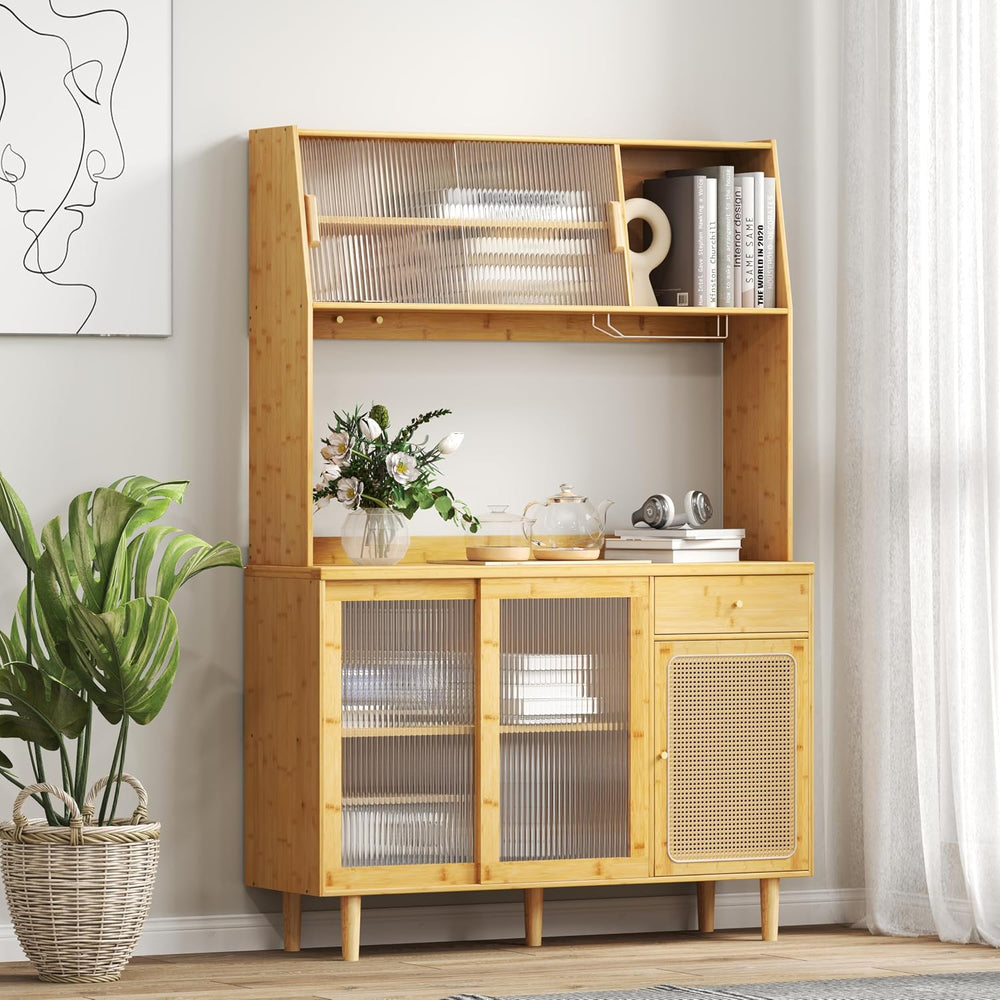LOKO 69” Tall Bamboo Pantry Cabinet with Hutch, Kitchen Buffet Sideboard with...