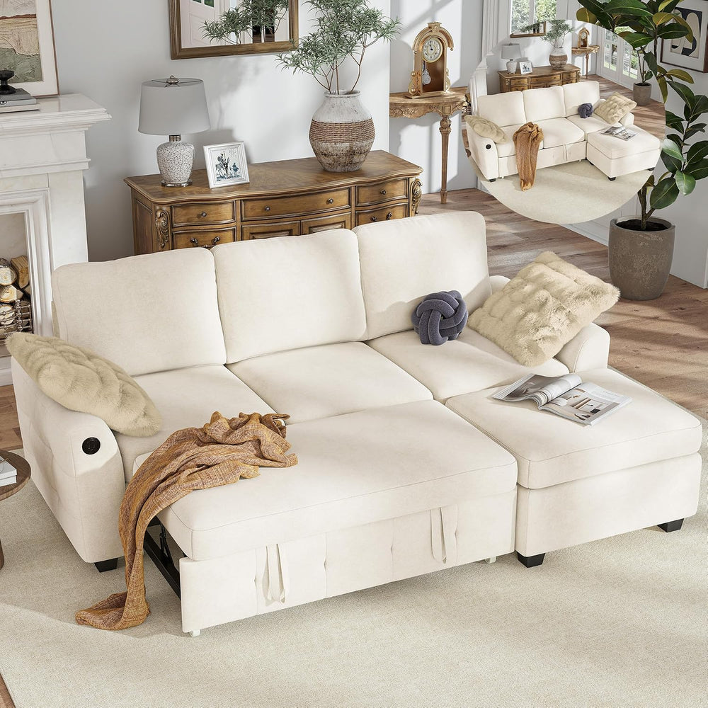 Hanherry 81" Sectional Couch with Pull Out Sofa Bed,Chenille Sleeper Sof...