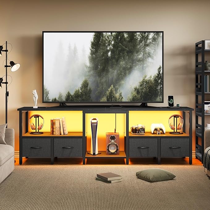 TV Stand for 80/75 Inch TV, LED Entertainment Center with 4 Fabric Drawers and Power Outlets, Modern Industrial TV Media Console for Living Room, Bedroom Storage Cabinet - 71'' Black