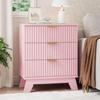 Fluted Nightstand, 24" Wide Side Table with 3 Large Storage Drawers, Mid Century Modern Wood Night Stand with Metal Handle, Wooden Bedside End Table for Bedroom, Living Room, Closet, Pink