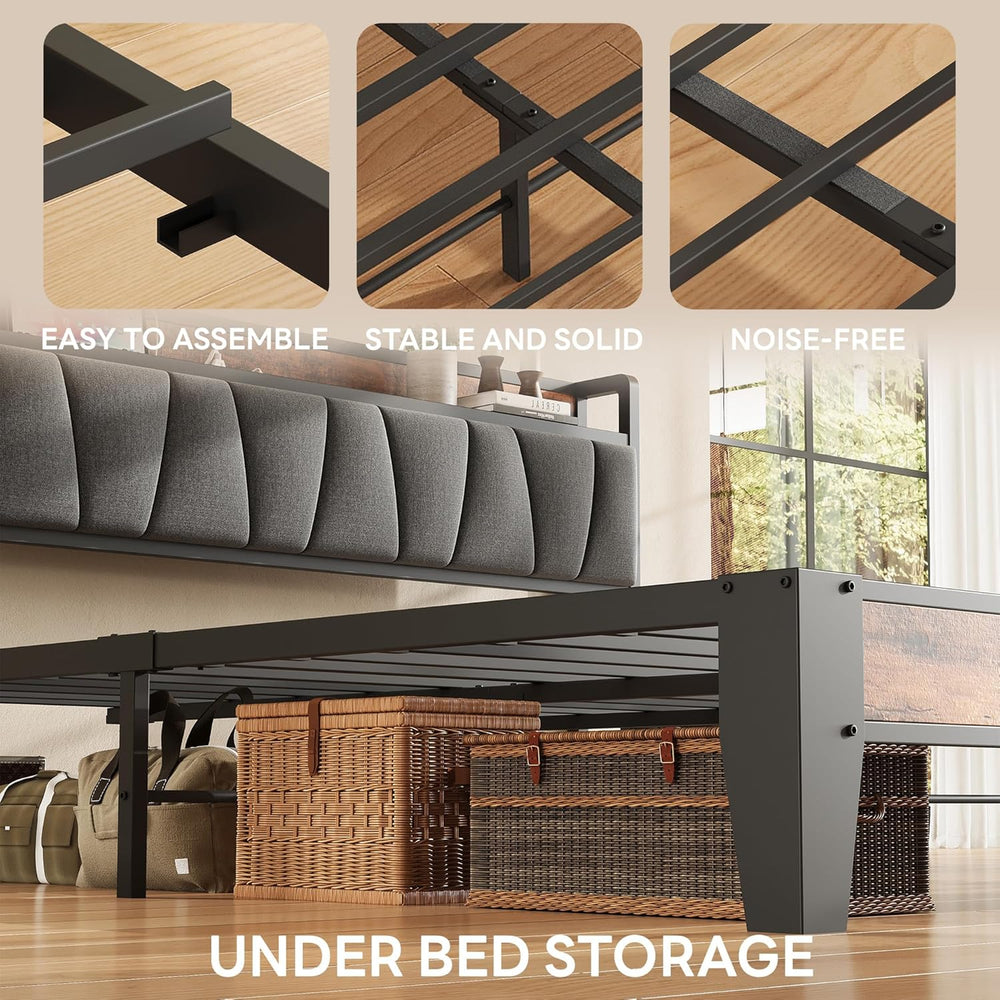 LIKIMIO Queen Size Bed Frame with Storage Headboard and Charging Station