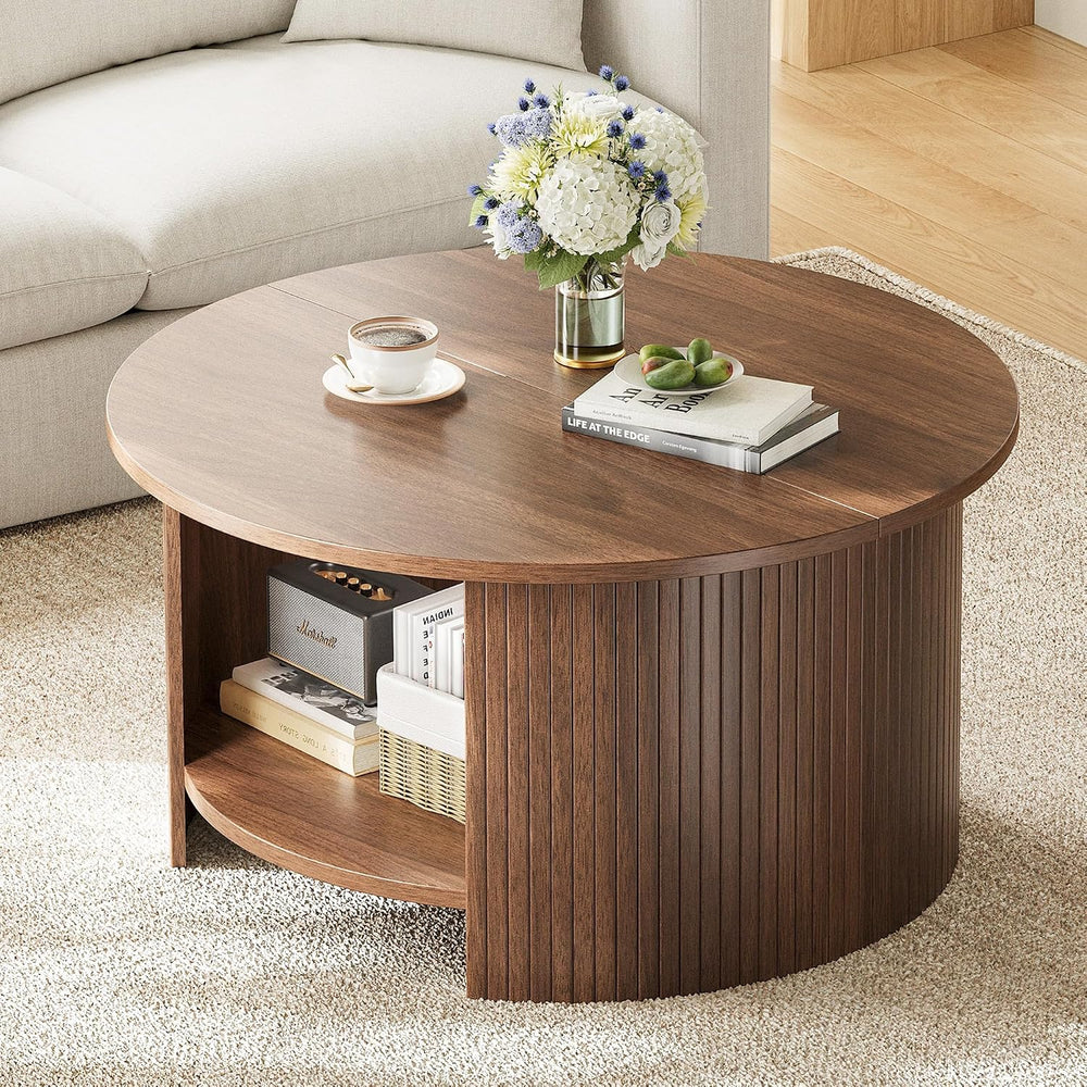 Round Coffee Table with Storage, 31.5" Modern Fluted Center Table, 2-Tie...