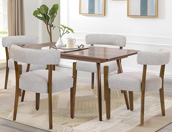 Modern Dining Chairs Set of 4, Walnut Upholstered Kitchen & Dining Room Chairs, Mid Century Modern Wooden Dining Chairs Oversized Sturdy Rounded Chairs Curved Back, Beige Fabric