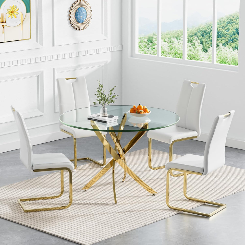 5-Piece Dining Room Table Set, Modern 36" Round Gold Glass Dining Table ...