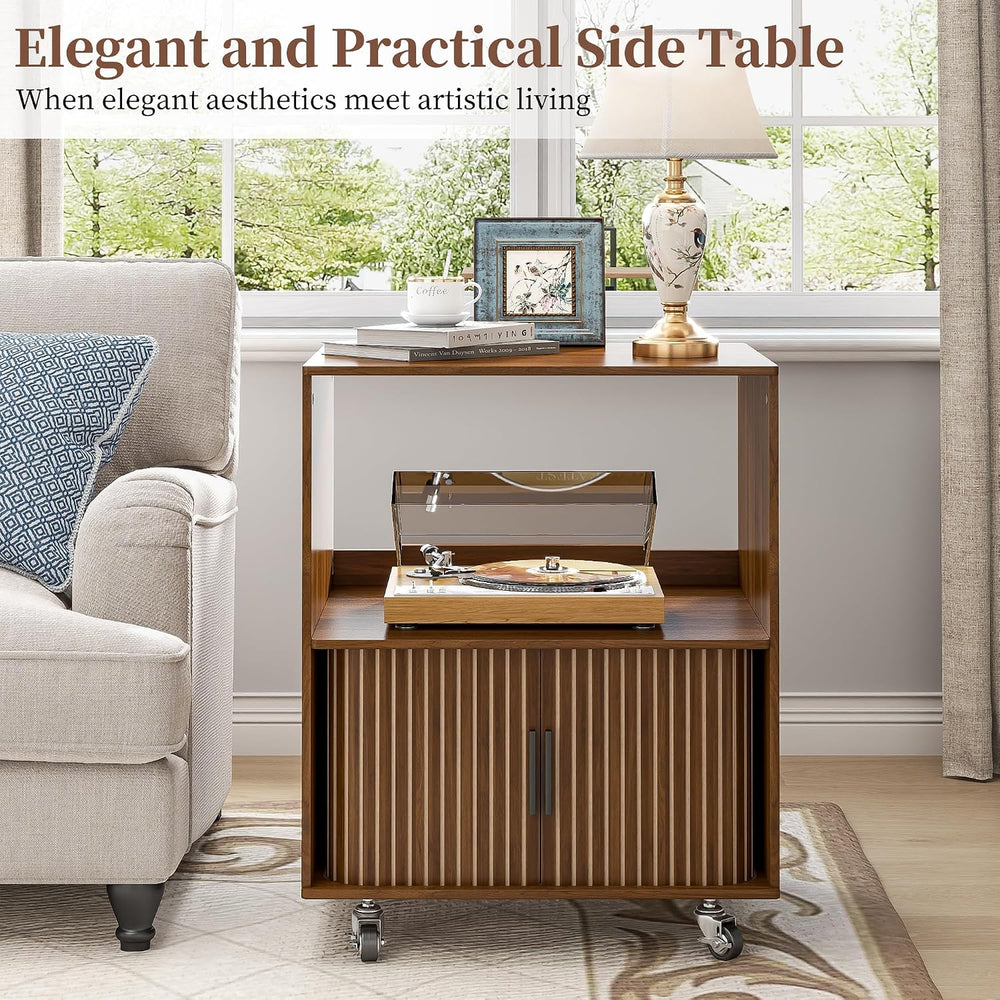 Side Table with Storage, Small End Tables with Sliding Door, Rolling Night St...