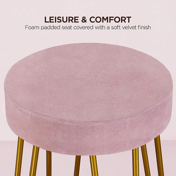 Yaheetech Bar Stools Set of 4, Velvet Round Counter Stools, Backless Counter Height Bar Chairs with Golden Legs for Kitchen Dining Room Pub Cafe, Pink