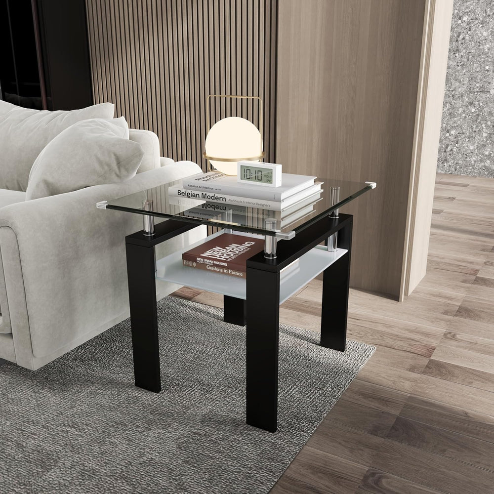 Square Glass End Table,2-Tier Tempered Glass Modern Living Room Side Table wi...