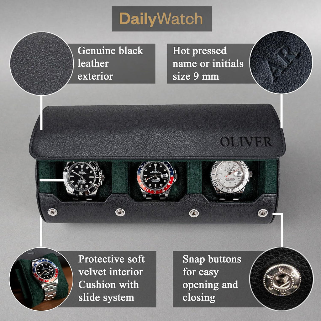 DailyWatch | Personalized Watch Roll Travel Case For 3 Watches - Handmade Genuine Leather Travel Case With Custom Engraving of Name or Initials - Black Green