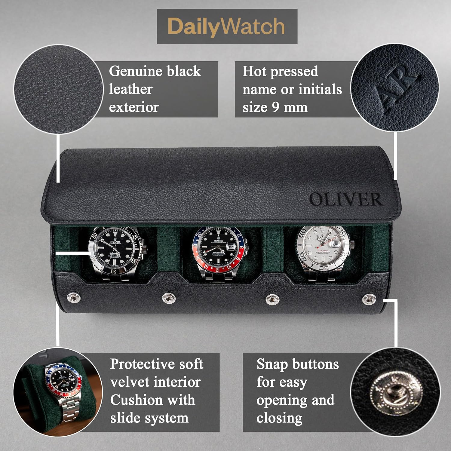 DailyWatch | Personalized Watch Roll Travel Case For 3 Watches - Handmade Genuine Leather Travel Case With Custom Engraving of Name or Initials - Black Green