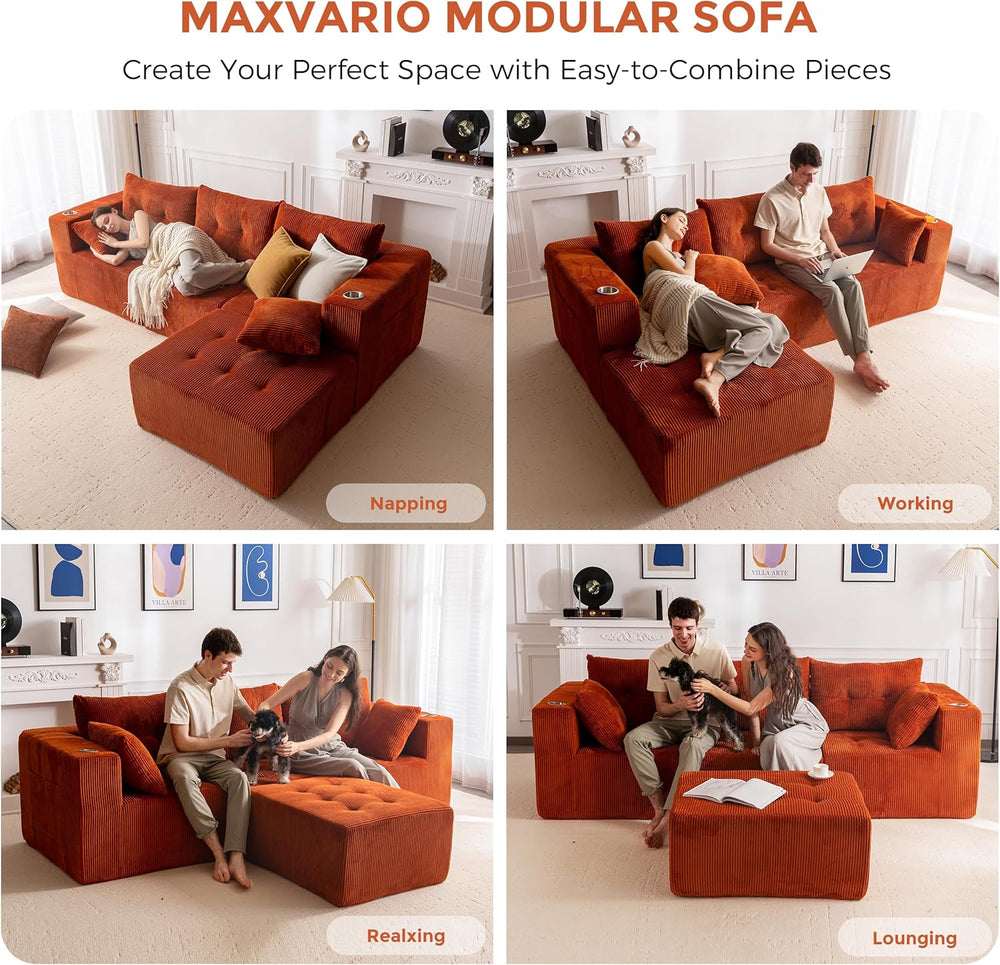MAXYOYO Couch, L-Shaped Modular Cloud Couch, 4-Seat Sofa, Ottoman | Orange Tu...