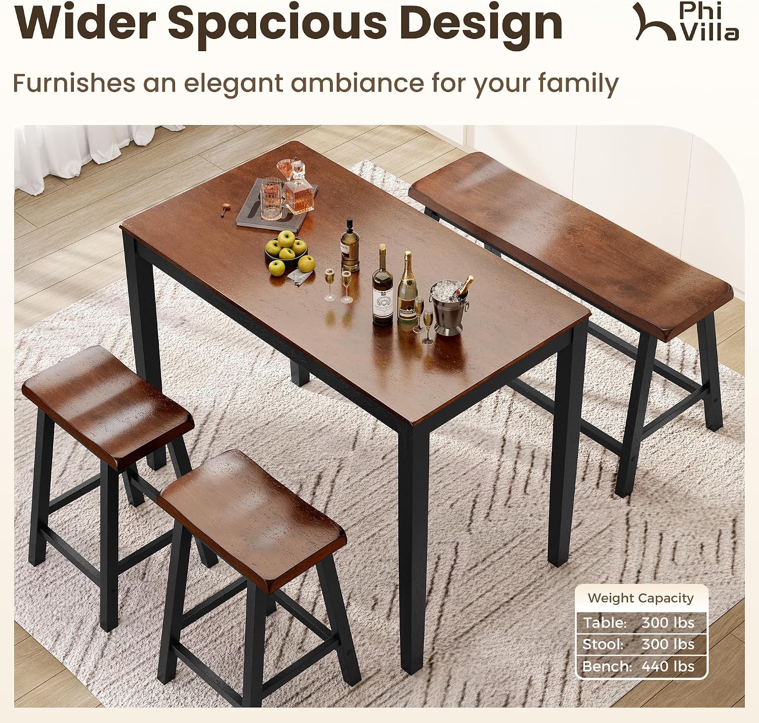 PHI VILLA Dining Table Set for 4, Kitchen Table Set with Bench and Chairs, Solid Wood Counter Height Bar Table and Chairs, Small Breakfast Table Set, Walnut with Black