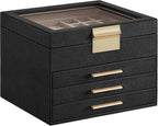 SONGMICS Jewelry Box Organizer with Glass Lid, 4-Layer Jewelry Storage, with 3 Drawers, Modern Style, Christmas Gift, 8 x 9.1 x 6.5 Inches, Graphite Black and Gold Color UJBC173B01