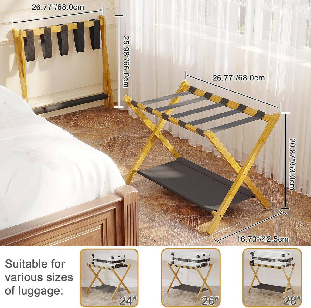 BAMBOOHOMIE Bamboo Luggage Rack for Guest Room, 26.77" Folding Wide Suitcase Stand with Fabric Storage Shelf, Thickened Luggage Stand Holder for Bedroom Hotel, Luggage Rack for Suitcases (2 Pack - Natural)