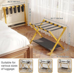 BAMBOOHOMIE Bamboo Luggage Rack for Guest Room, 26.77" Folding Wide Suitcase Stand with Fabric Storage Shelf, Thickened Luggage Stand Holder for Bedroom Hotel, Luggage Rack for Suitcases (2 Pack - Natural)