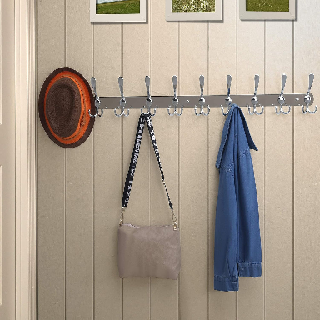 Dseap Coat Rack Wall Mount - 38” Long 10-Tri-Hooks Heavy Duty Coat Hanger Rail Wall Hooks for Hanging Coats Hats Clothing Clothes Purse Mudroom Entryway, Chromed
