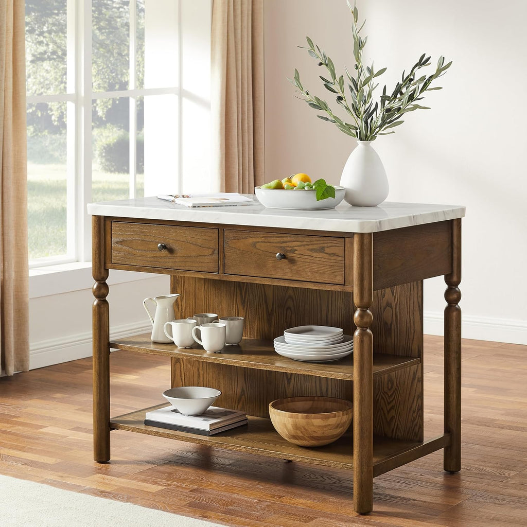 Crosley Furniture Roselyn Traditional Kitchen Island Breakfast Bar Table, Counter-Height Dining, Brown/White Marble