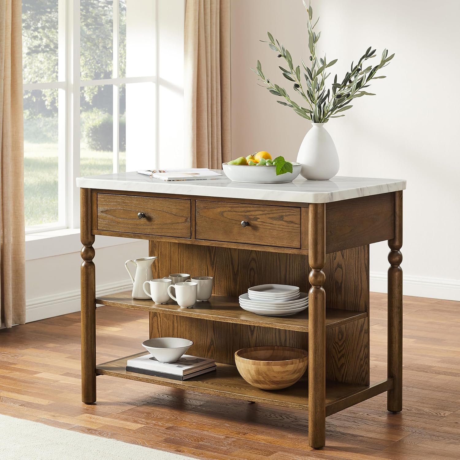Crosley Furniture Roselyn Traditional Kitchen Island Breakfast Bar Table, Counter-Height Dining, Brown/White Marble