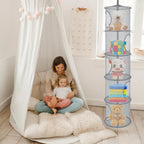 Libeder Mesh Hanging Storage Space Saver Bags Organizer,Foldable Storage Organizer 5 Compartments Toy Storage Basket for Kids Room Bathroom 2 Sets Grey