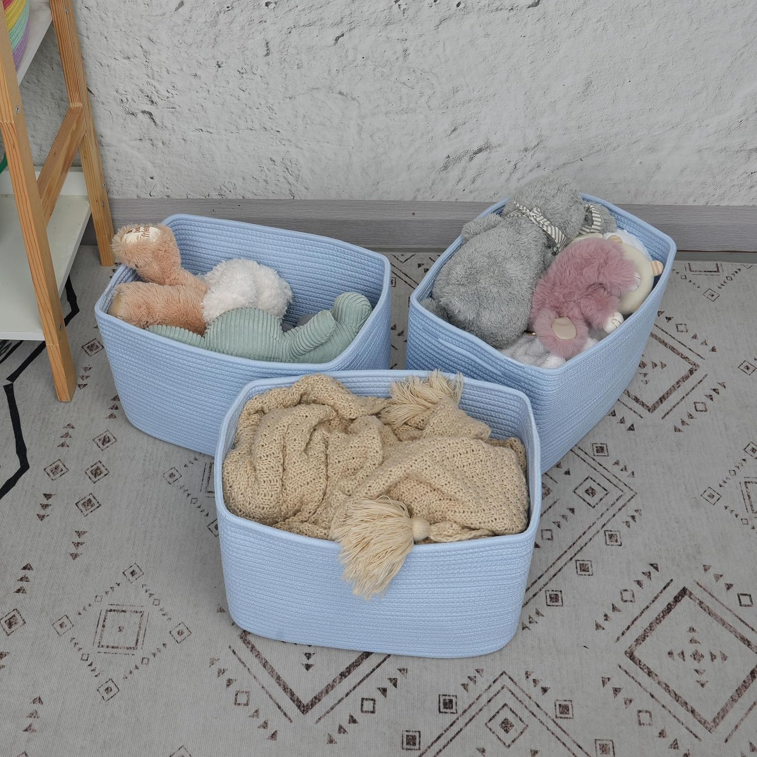 XUANGUO Woven Cotton Rope Storage Baskets 15x10x9.3" 3 Pack Light Blue | Decorative rectangular storage baskets for shelves and closets; storage bins organize clothes, toys, books and nursery items.